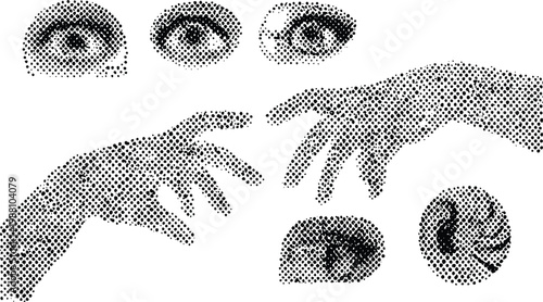 Halftone Grunge Human Hands Reaching Vector Graphic Illustration with Multiple Eyes and Abstract Elements Symbolizing Connection, Creation, and Vision Design Concept