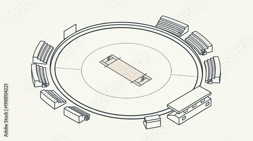Top view architectural diagram of a circular meeting table with surrounding benches.