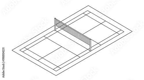 Isometric wireframe illustration of a table tennis court and net.