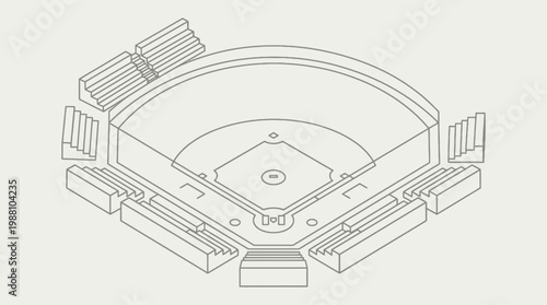 Isometric Line Drawing of Empty Baseball Stadium Blueprint.