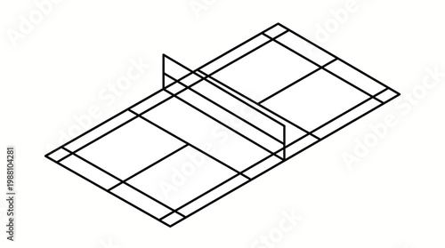 Isometric line drawing of a table tennis table with net and centerline markings.