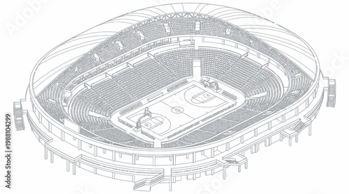 Isometric monochrome architectural drawing of a modern stadium interior.