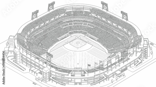 Isometric line drawing of a large baseball stadium architectural plan.