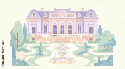 Elegant French Chateau with Formal Gardens and Fountain.