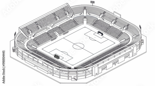 Isometric architectural rendering of a modern soccer stadium seating layout.