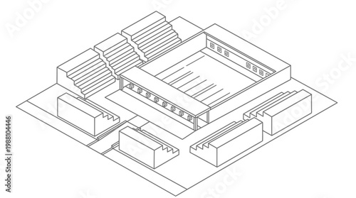 Isometric line drawing of a modern stadium architectural model.