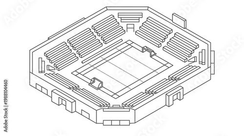 Isometric line drawing of an indoor sports arena with seating and field.