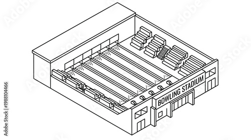 Isometric line art illustration of a bowling alley interior with lanes and seating.