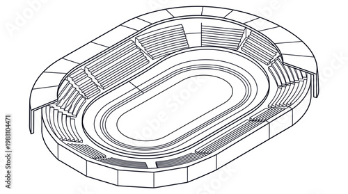 Isometric line drawing of an oval stadium with tiered seating and track.