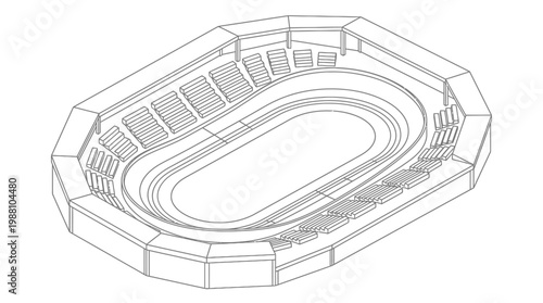 Isometric line drawing of an oval stadium architectural plan.
