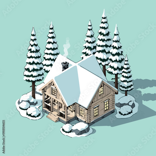Snowy winter cabin in forest with pine trees and smoke coming from chimney in landscape vector illustration