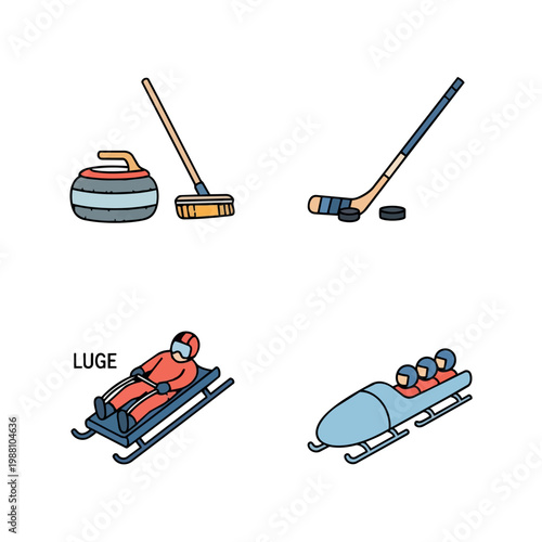 Winter sports vector set featuring curling hockey luge and bobsleigh equipment with outlined style icons .