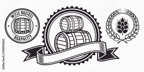 Vintage brewery badges with barrels and wheat stalks, vector