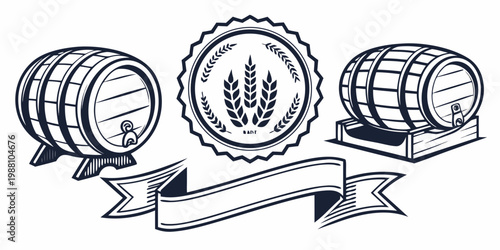 Vintage brewery wooden barrels and wheat emblem set, vector