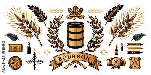Vintage bourbon distillery and whiskey design elements, vector