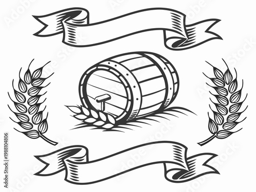 Vintage brewery label with barrel, wheat and ribbons, vector