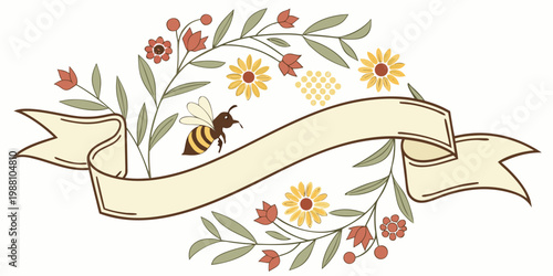 Vintage floral banner with flowers and honey bee, vector