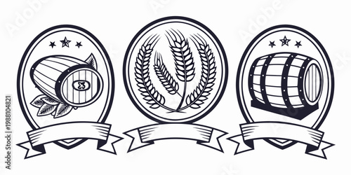 Vintage brewery labels with barrels and wheat stalks, vector