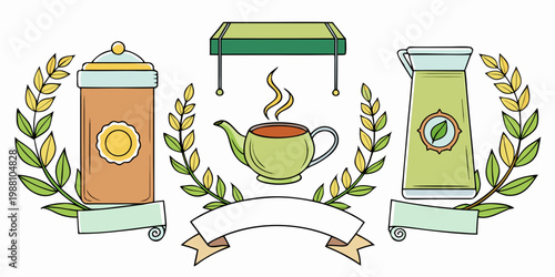 Assorted tea containers and teapot with laurel wreaths, vector