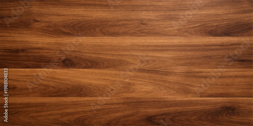 A natural landscape of mountains and a sand road seen through the dark grain texture of a brown oak timber plank surface