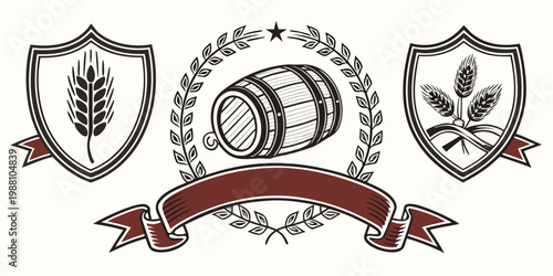 Vintage brewery emblems with barrel and wheat stalks, vector