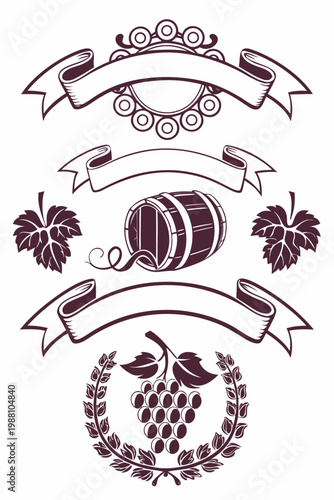 Vintage wine label and ribbon banner design elements, vector