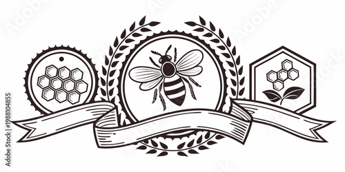 Vintage honey bee emblem with banner and honeycomb, vector