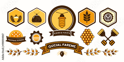 Honey bee and beekeeping logo emblems set, vector