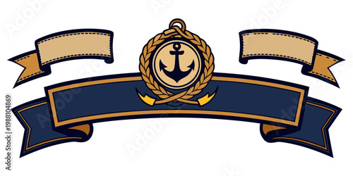 Nautical maritime anchor emblem with blue ribbons, vector