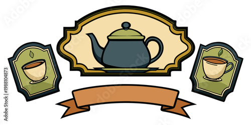Vintage style tea labels with teapot and teacups, vector