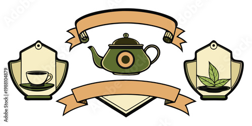 Vintage tea set design elements with ribbons and labels, vector