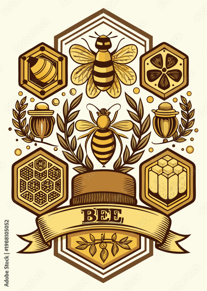 Obraz premium Bee and honeycomb vintage label design, vector