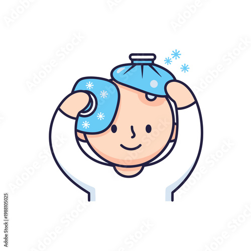Person applying ice pack to head for relief, headache treatment, cold compress illustration