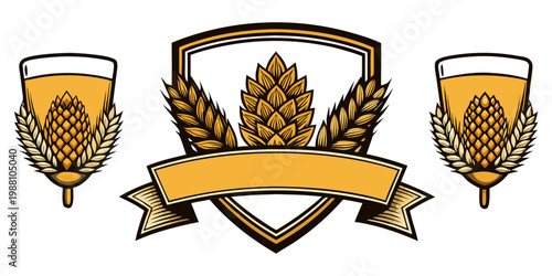 Brewery emblem set with hop and barley elements, vector