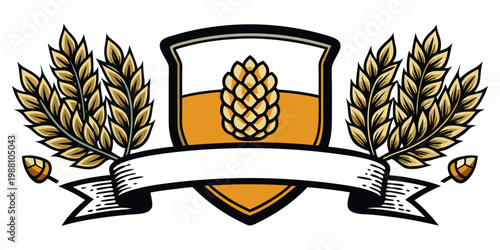Heraldic brewery emblem with hops and barley, vector