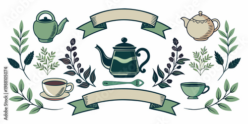 Vintage herbal tea set with teapots and botanical leaves, vector