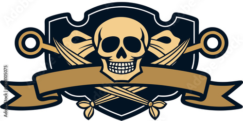 Pirate skull emblem with crossed swords and banner, vector