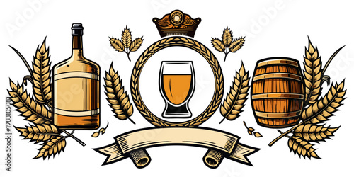 Brewery emblem with barrel wheat and beer glass, vector