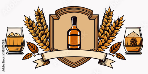 Vintage whiskey bottle and wheat emblem, vector