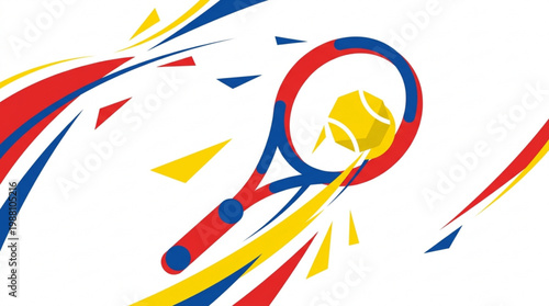 Dynamic Tennis Racket and Ball with Abstract Swirls.