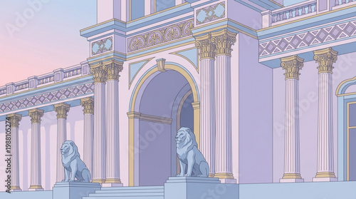 Majestic Lion Statues Guarding Ancient Palace Entrance.