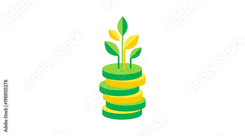 Green plant growing from stack of coins symbolizing financial growth.