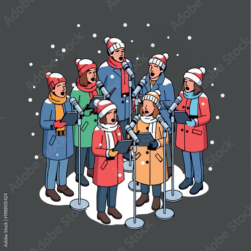 Choir group singing outdoors in winter snow, festive carolers dressed warmly, joyful music scene vector illustration .