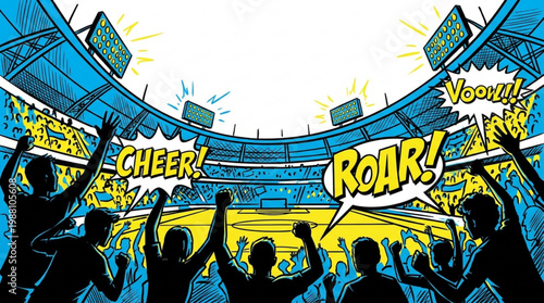 Crowd of cheering fans at a sporting event.