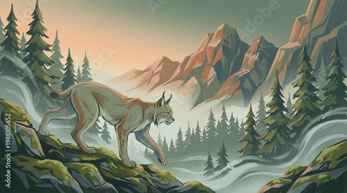 Majestic Lynx Standing on Rocky Outcrop in Wilderness.