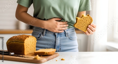 Young woman experiencing stomach discomfort while holding a piece of bread, suggesting food intolerance or digestive issues in a bright, natural kitchen environment.