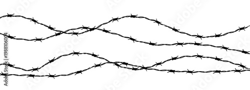 Barbed wire silhouette border, fence. Spiked wire with sharp barbs along its perimeter. Twisted ring y2k, round border tattoo, gothic textured steel frame,