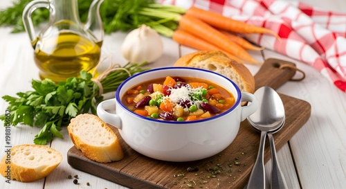Hearty vegetable soup with fresh ingredients, rustic bread, and aromatic herbs presented on a light wooden surface, creating a warm and inviting culinary scene.