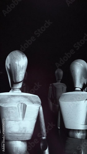 A group of faceless mannequins spinning on an endless loop in a stop motion style.
