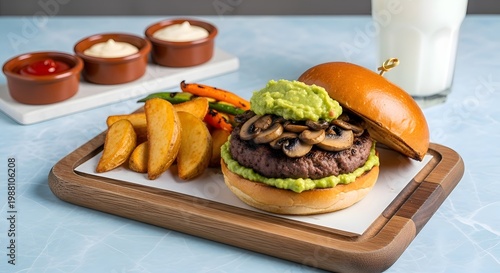 Gourmet burger with mushroom topping and guacamole, served with crispy potato wedges, ketchup, and creamy sauces, presented on a wooden board with a glass of milk.